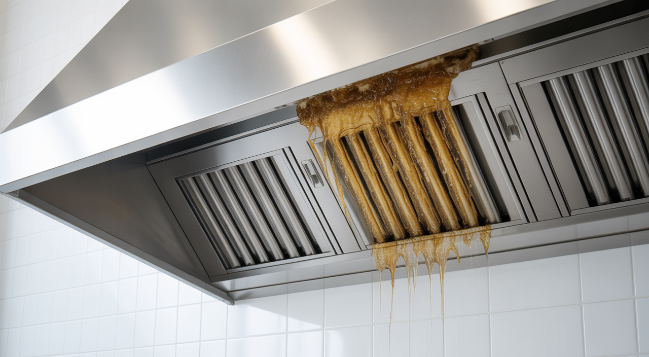 Specialized fire suppression system nozzles above cooking equipment in a hospital kitchen