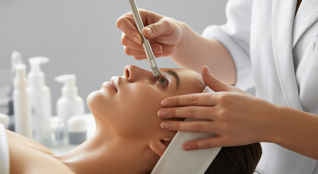 Close-up of a woman receiving a facial treatment at a clinic, highlighting skin rejuvenation and professional care.
