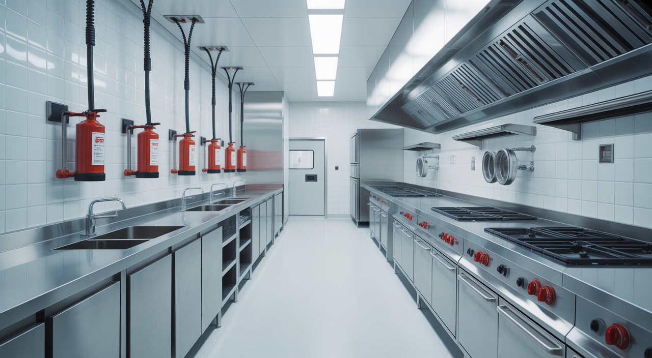 Hospital kitchen fire suppression system with stainless steel equipment and suppression nozzles, emphasizing safety and compliance.