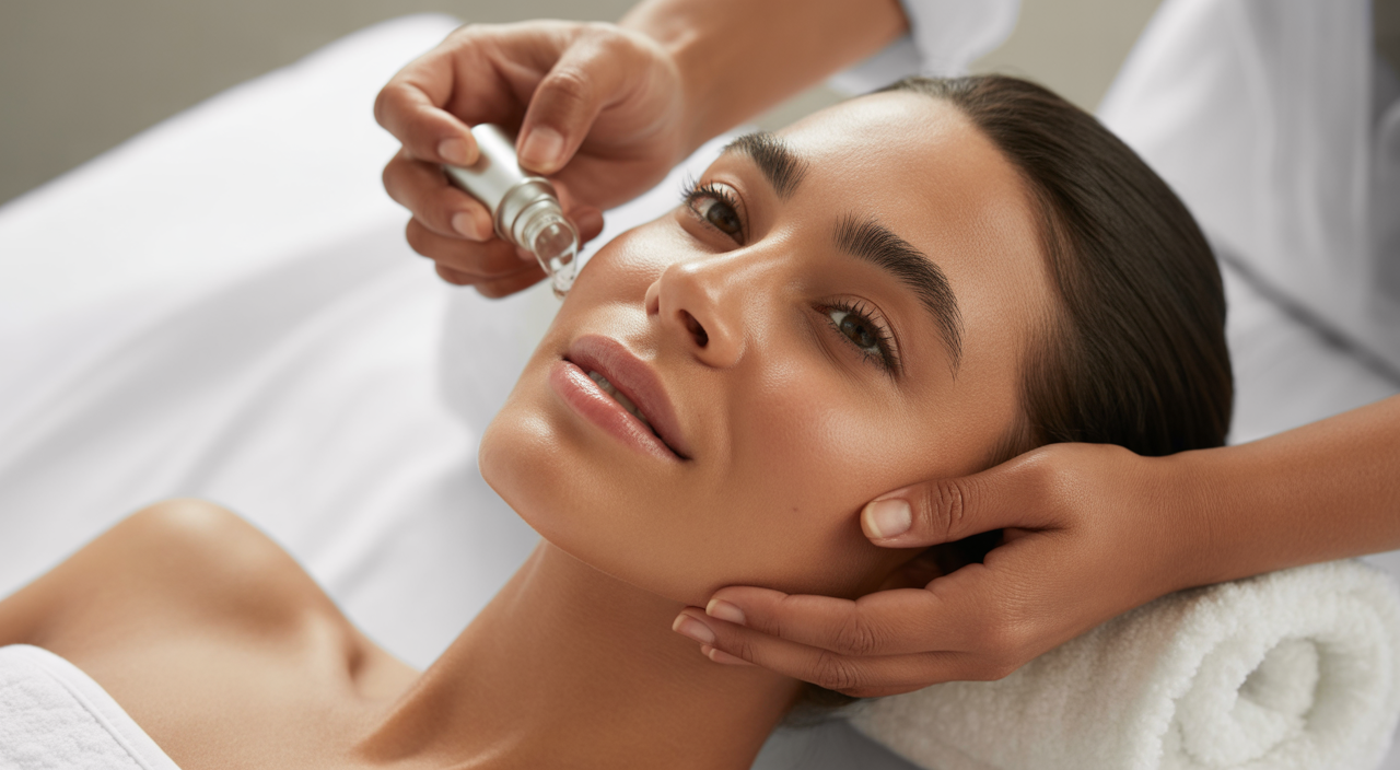 Close-up of a woman with glowing skin receiving a professional facial treatment.