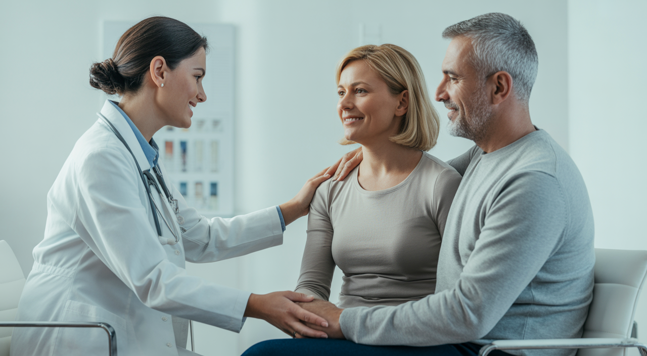 A female fertility doctor reassuring a hopeful mature couple in a modern clinic, symbolizing specialized IVF care for complex cases and fertility over 40.
