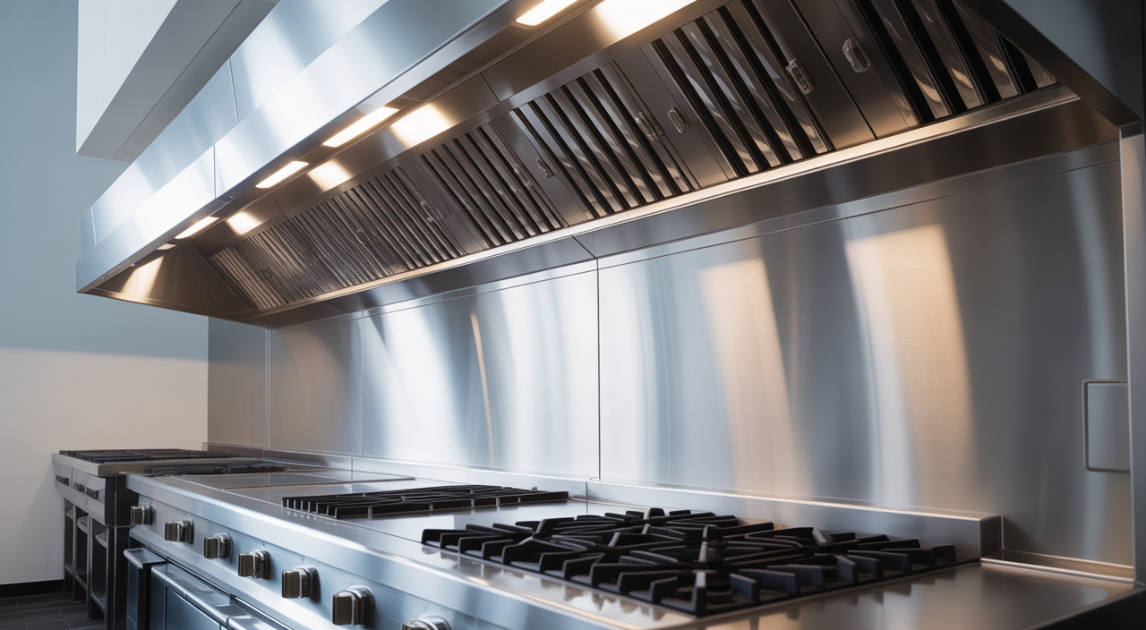Professional kitchen hood system in a commercial kitchen, sparkling clean