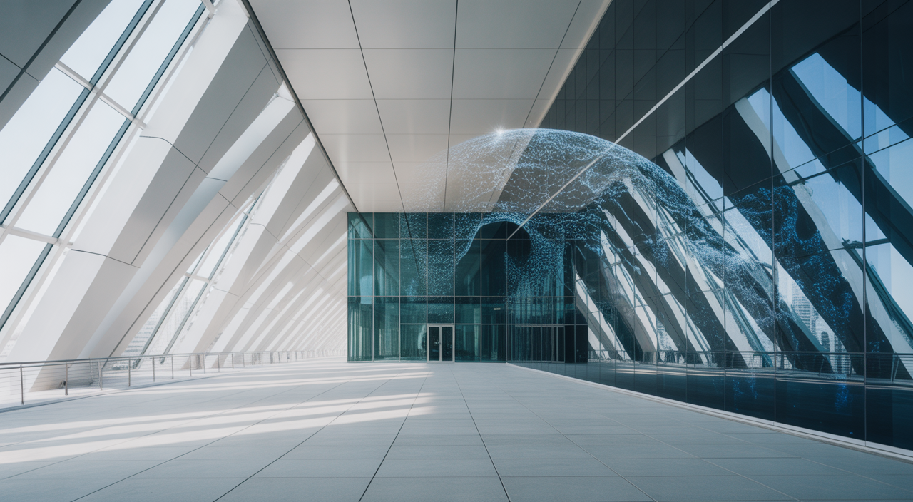 Modern commercial building interior in Dubai with abstract digital data overlay representing facility management efficiency.