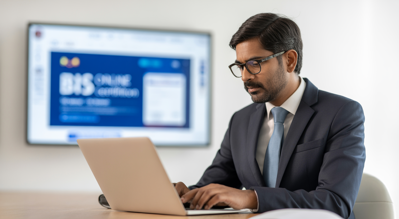 Indian business professional applying for BIS certification online using laptop with clean white background