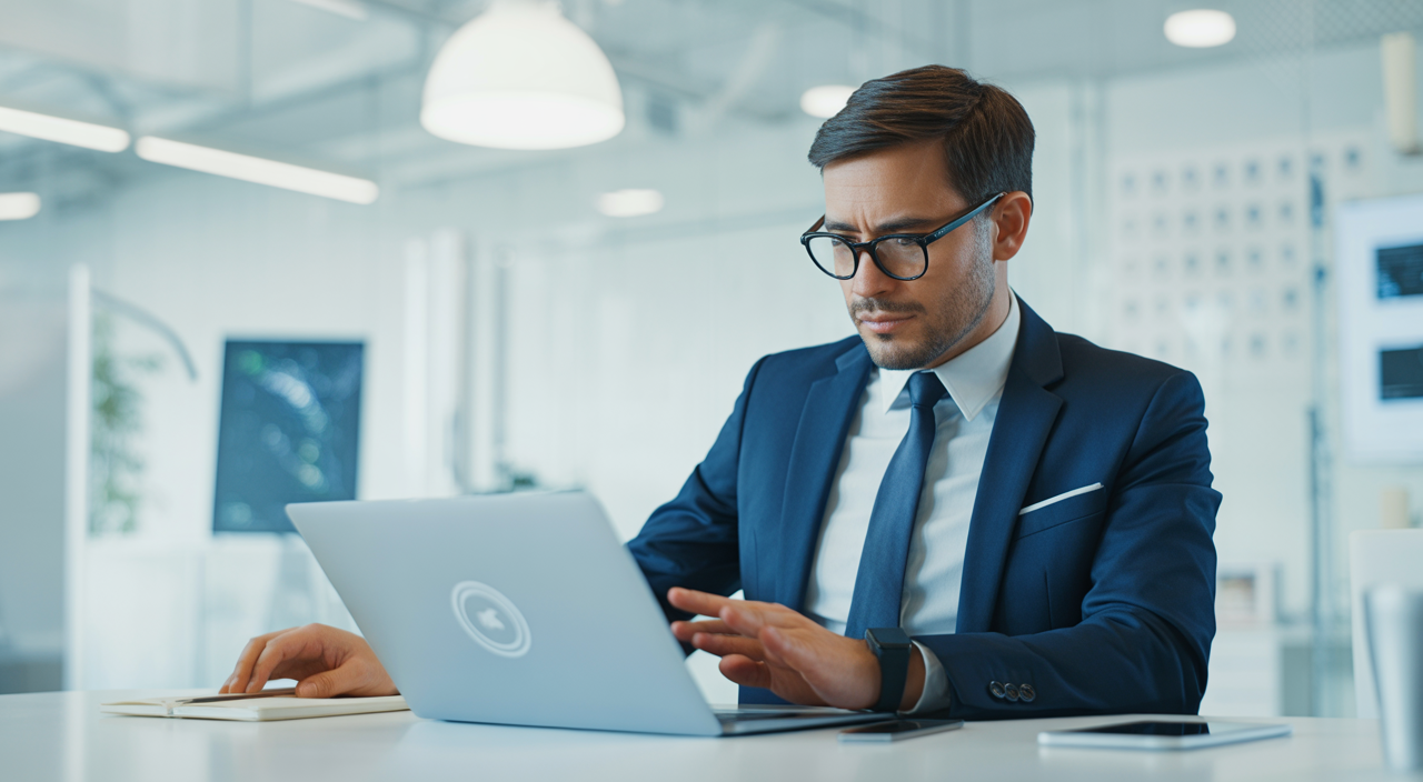 Confident business professional working on cybersecurity consulting in a modern office environment with laptop, representing cybersecurity consulting in Canada