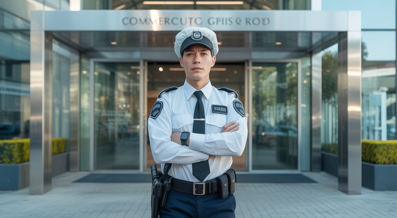 Photorealistic image of a confident professional security guard in uniform at a commercial property entrance