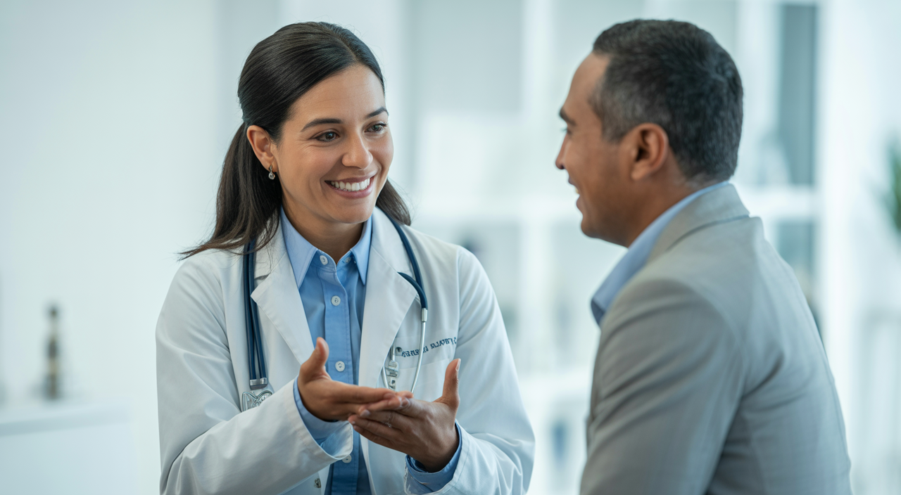 A female primary care physician in a white lab coat talking to a male patient, both smiling and looking at a tablet in a modern clinic with a clean white background, symbolizing patient-doctor trust and comprehensive healthcare.