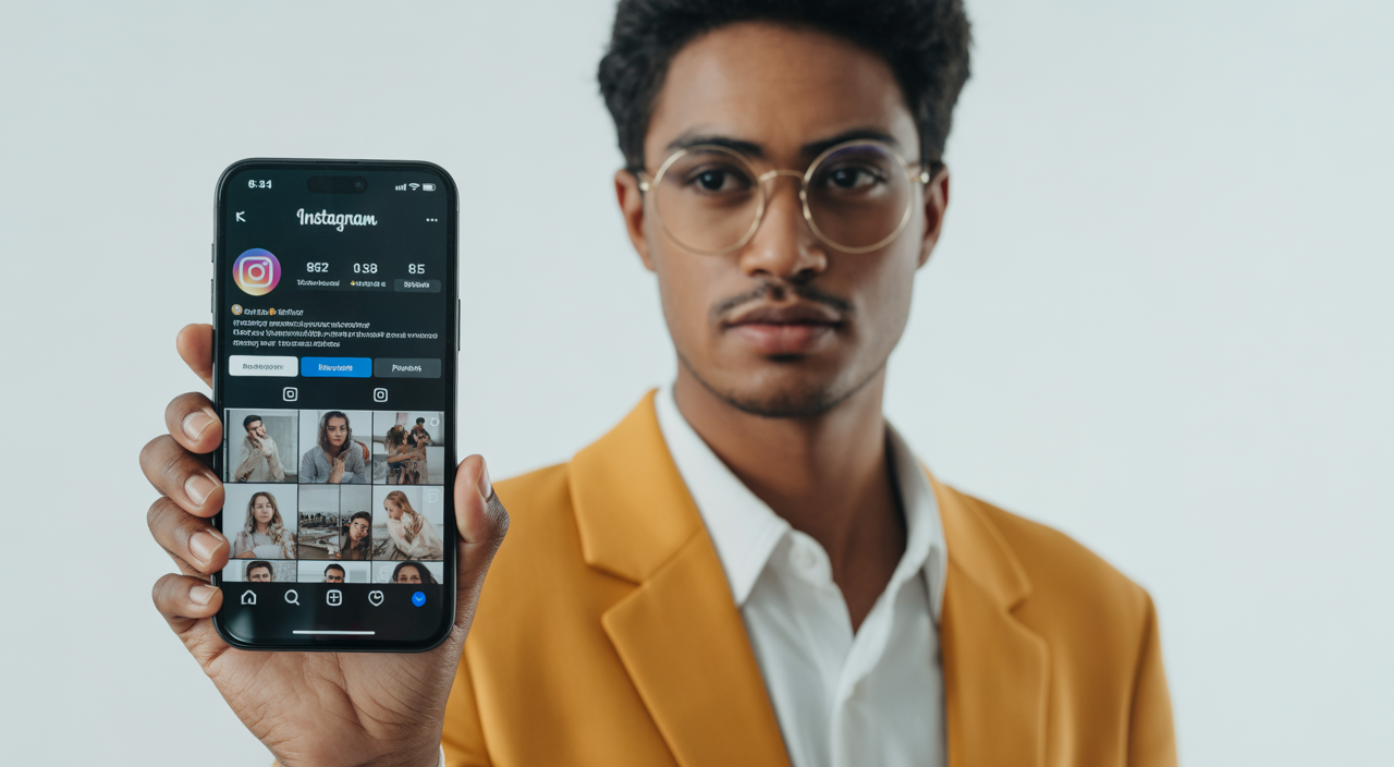 High-quality photograph of a social media influencer holding smartphone displaying Instagram followers count for article on buying Instagram followers