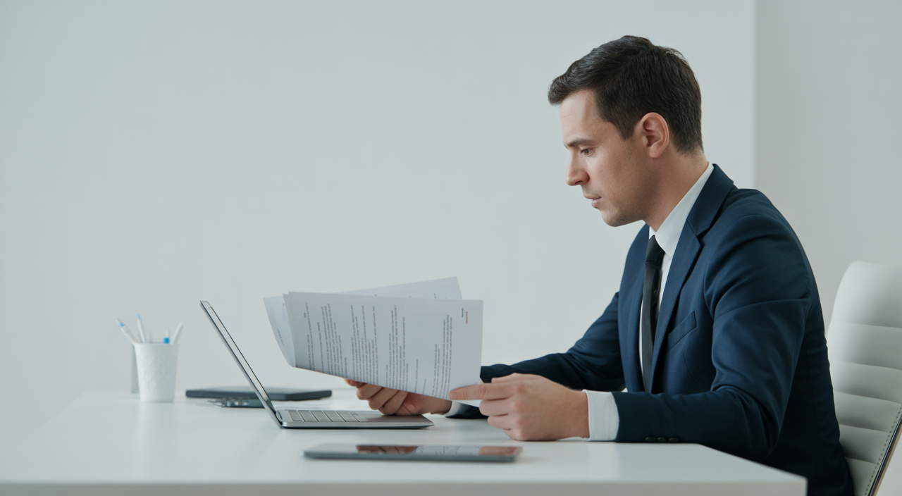 Photorealistic image of a software professional reviewing SaaS contract documents on laptop in a clean modern office with white background