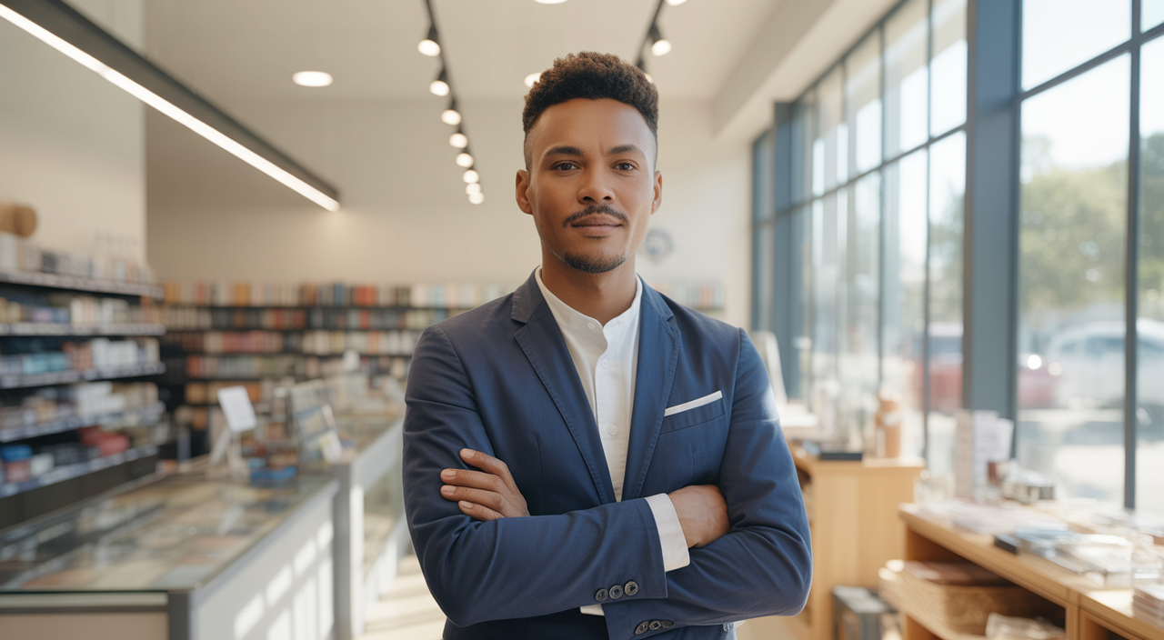 Photorealistic image of a confident small business owner standing in a modern retail store symbolizing small business growth and marketing agency partnership