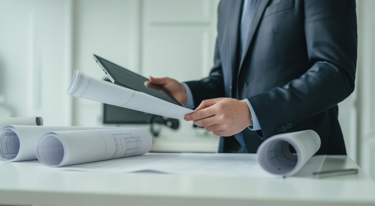 Professional architect reviewing UK building regulations documents in a modern office environment
