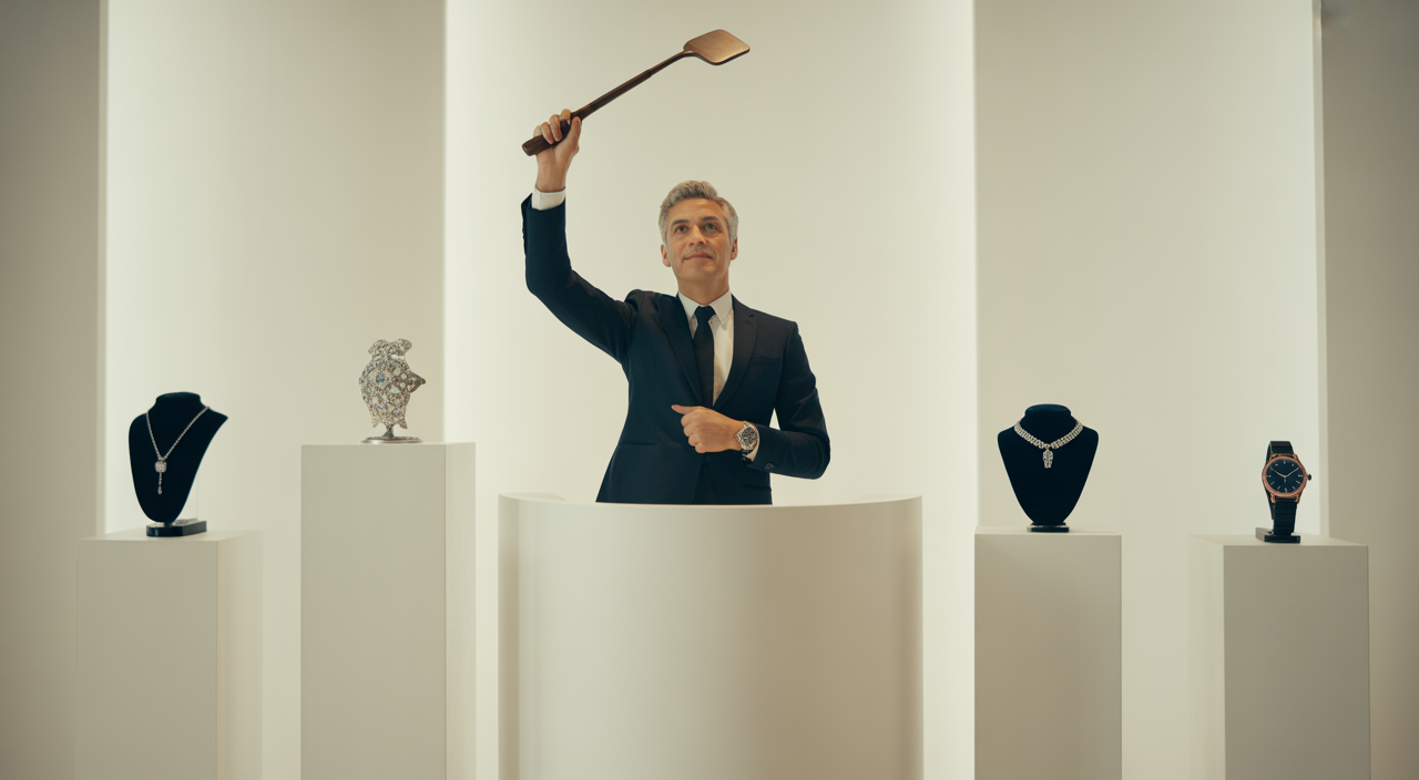 Luxury high end estate auction with auctioneer and rare art, jewelry, and watches on display